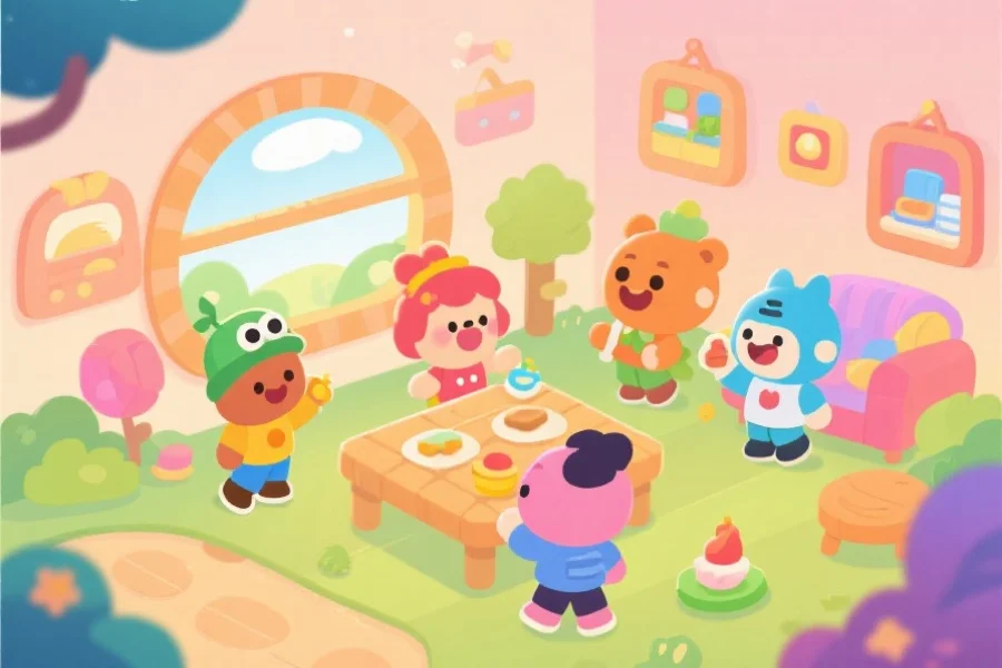 彩色卡通风格的休闲小游戏场景，几个角色在愉快地互动，背景轻松温馨