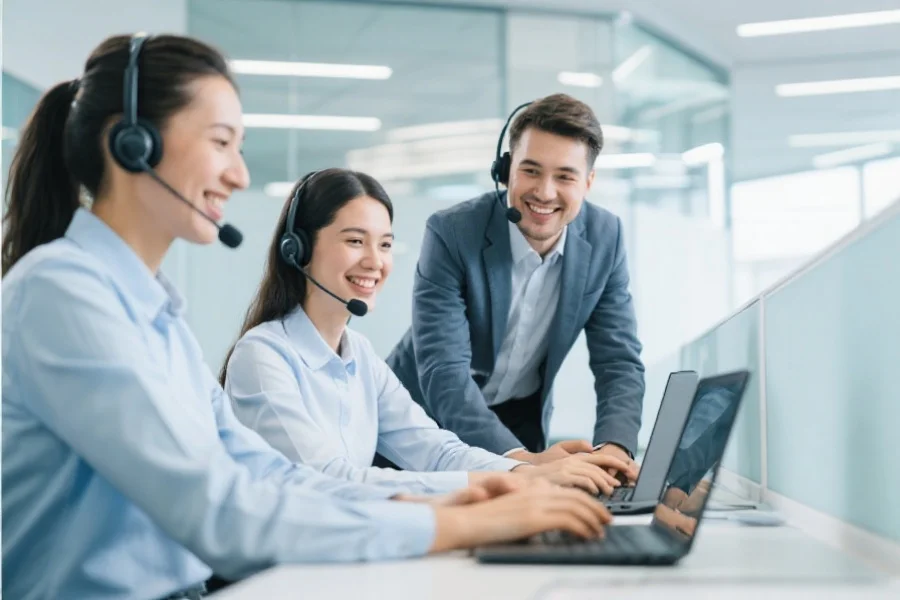 友善的客户服务团队正在为用户提供在线咨询支持，背景为现代化办公环境