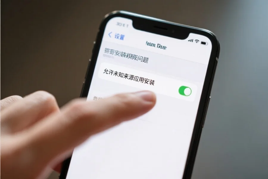 用户在手机上遇到安装权限问题，手指正指向设置中“允许未知来源应用安装”选项